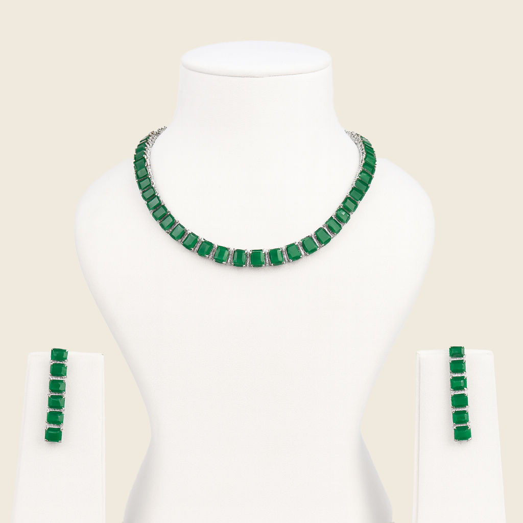 Aanura Green Emerald-Cut Necklace Set in Stainless Steel