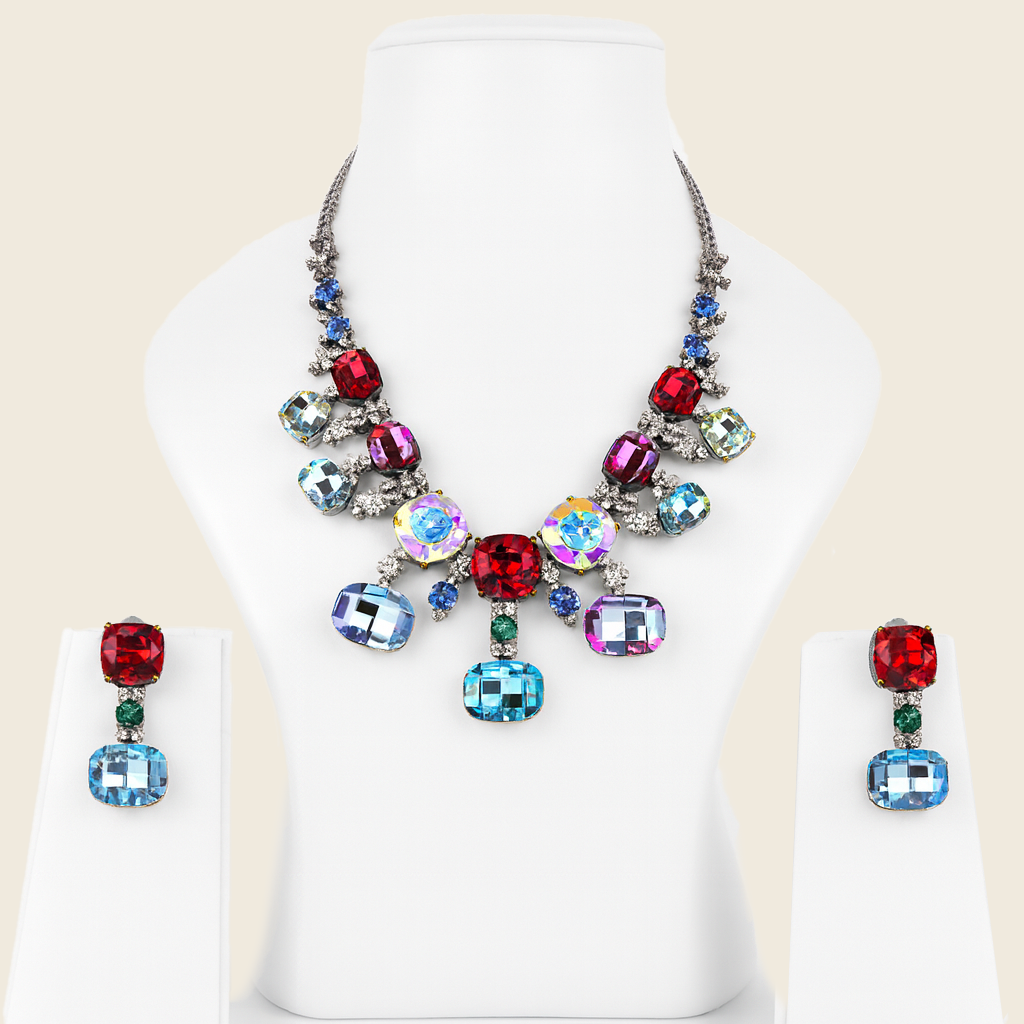 Aanura Multi-Colour Crystal Necklace Set with Earrings