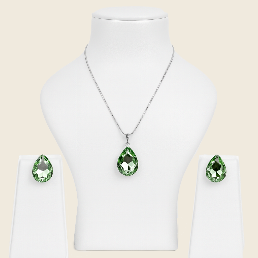 Aanura Green Teardrop Crystal Necklace Set Stainless Steel