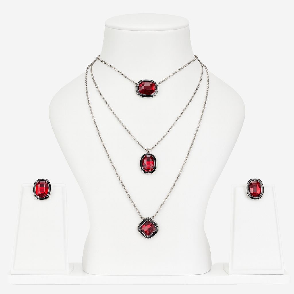 Aanura Layered Red Pendant Necklace Set