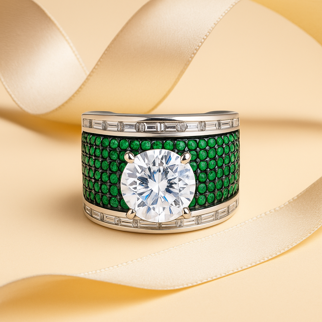 Aanura Silver Wide-Band Emerald Pavé Statement Ring