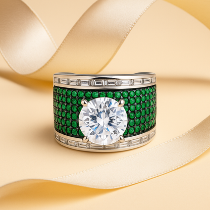 Aanura Silver Wide-Band Emerald Pavé Statement Ring