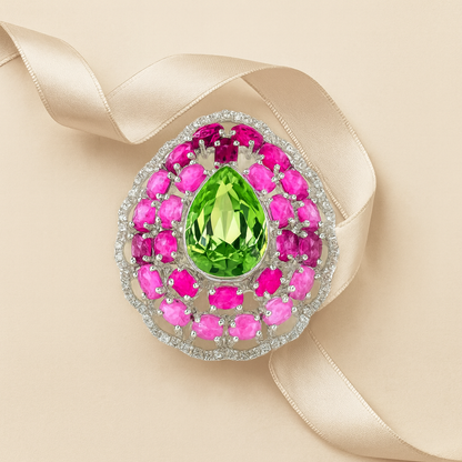 Aanura Silver Iridescent Gem & Emerald Halo Ring