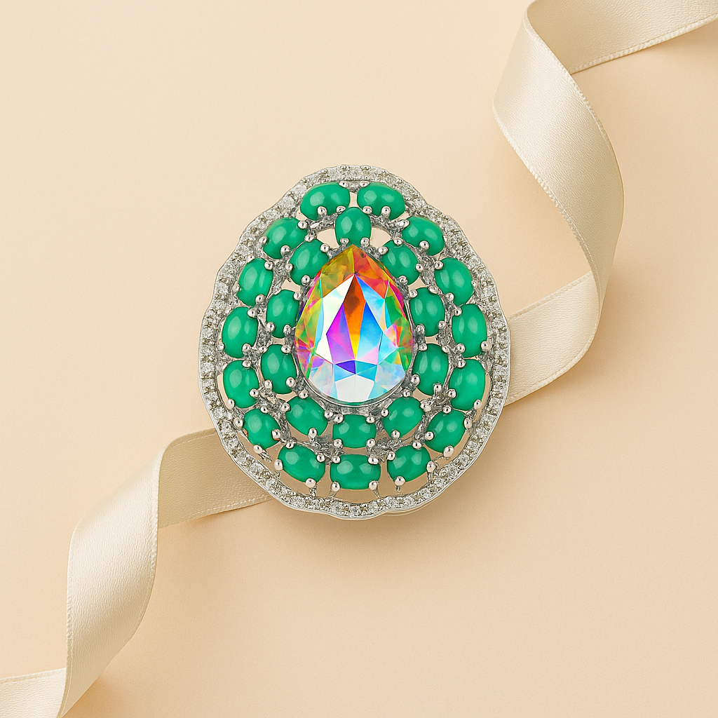Aanura Silver Iridescent Gem & Emerald Halo Ring