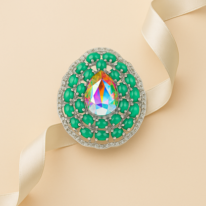 Aanura Silver Iridescent Gem & Emerald Halo Ring