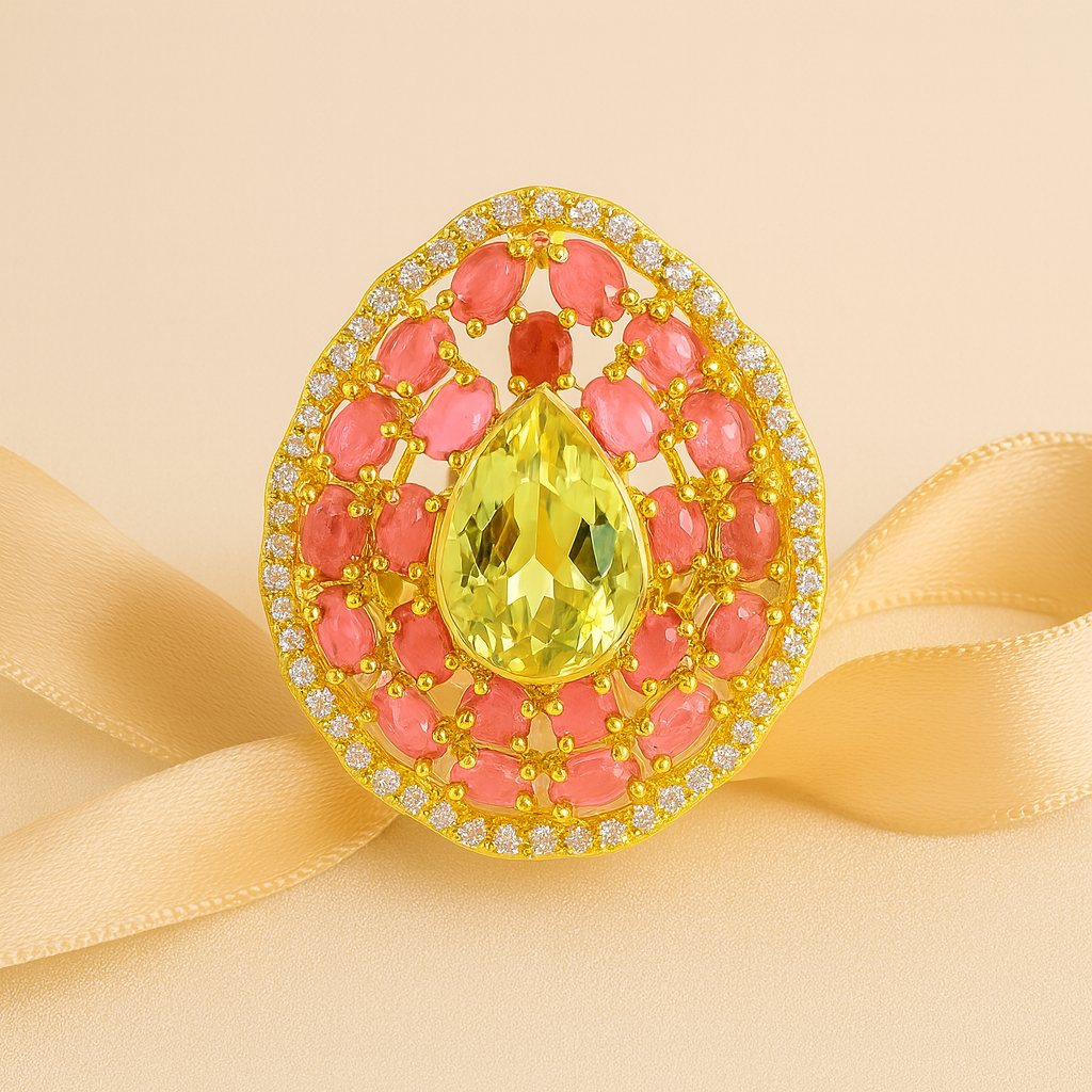 Aanura Silver Iridescent Gem & Emerald Halo Ring