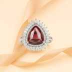 Rhodium Plated Red Oval Halo Anti-Tarnish Waterproof Ring