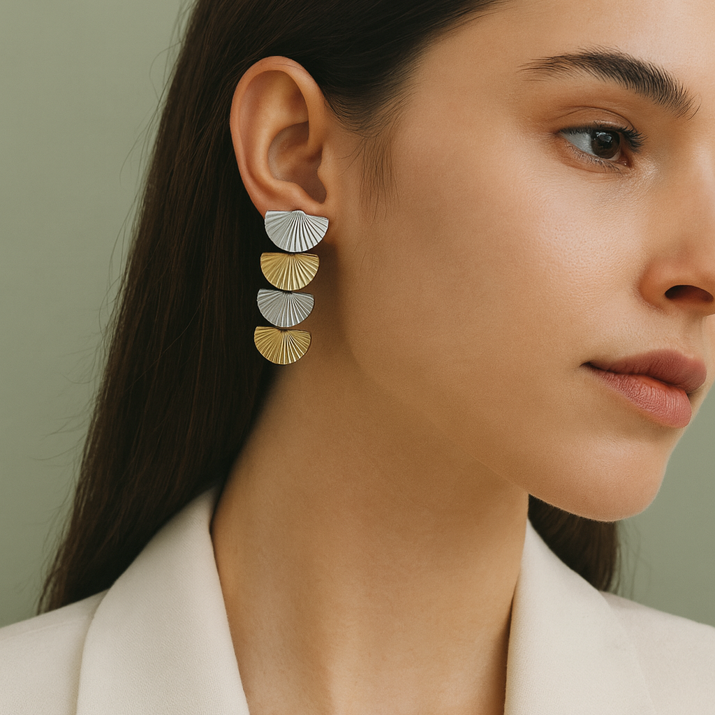 Aanura Solaris Fan Cascade Earrings – Dual-Tone Stainless Steel