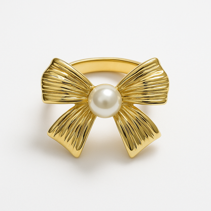 Aanura Gold-Plated Bow Ring with Lustrous Pearl
