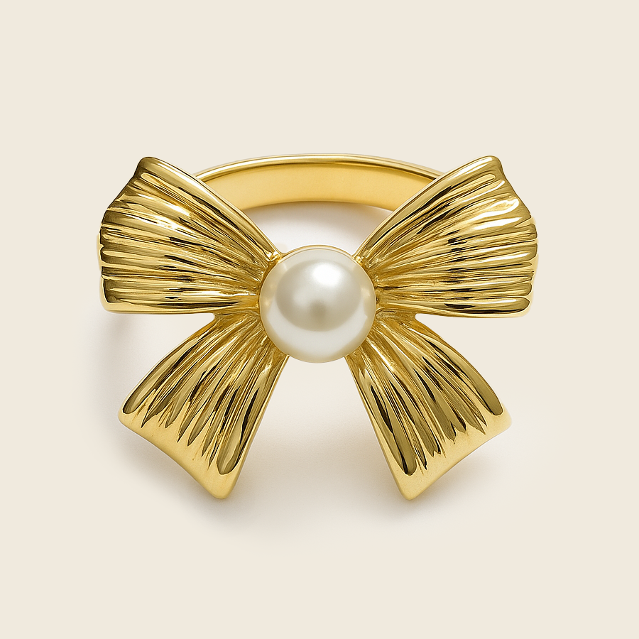 Aanura Gold-Plated Bow Ring with Lustrous Pearl