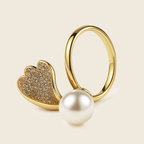 18K Gold-Plated Heart & Pearl Adjustable Ring – Anti-Tarnish, Waterproof