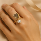 18K Gold-Plated Heart & Pearl Adjustable Ring – Anti-Tarnish, Waterproof