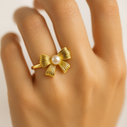 18K Gold-Plated Blossom Bow Ring with Pearl – Anti-Tarnish & Waterproof
