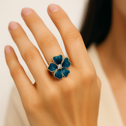 Aanura Gold-Plated Blue Enamel Flower Ring
