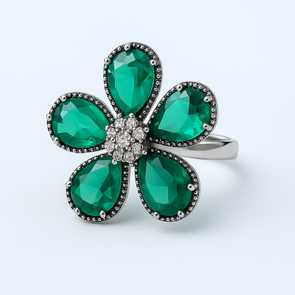Aanura Silver-Tone Emerald Green Flower Statement Ring