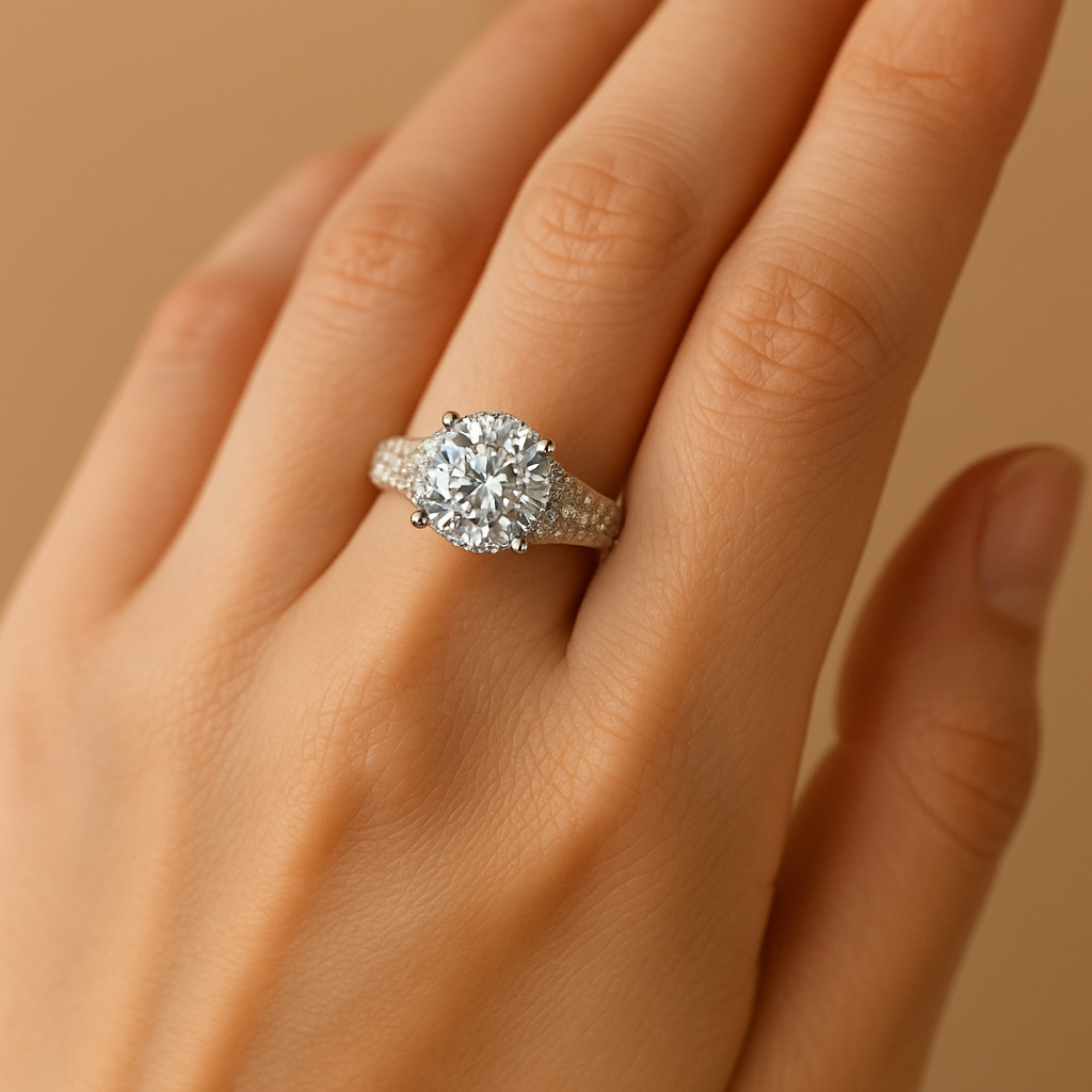 Gold-Plated Pave Band Ring with Brilliant Round Solitaire