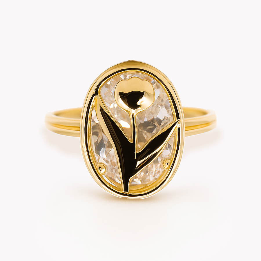 Aanura Tulip Emblem Gold & Crystal Oval Statement Ring