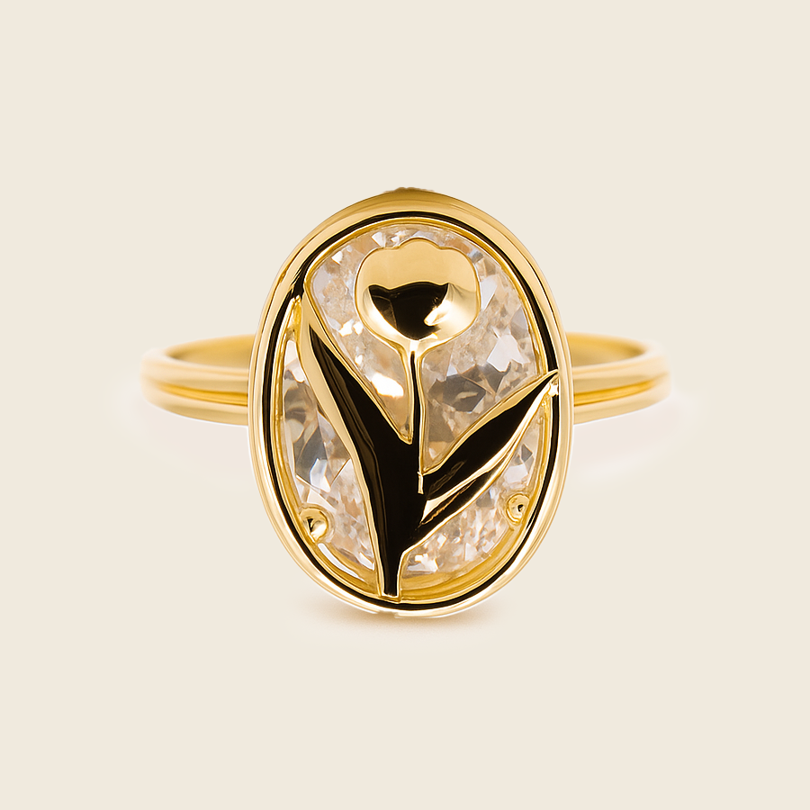 Aanura Tulip Emblem Gold & Crystal Oval Statement Ring