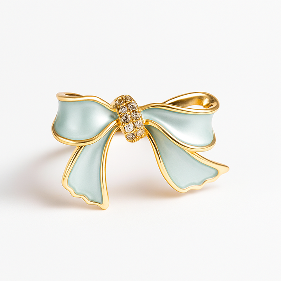 Mint Green & Gold Bow Enamel Brooch with Crystal Center