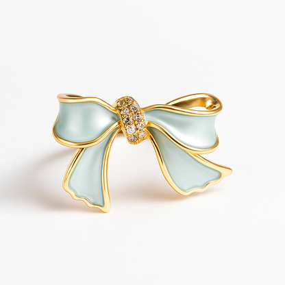 Mint Green & Gold Bow Enamel Brooch with Crystal Center