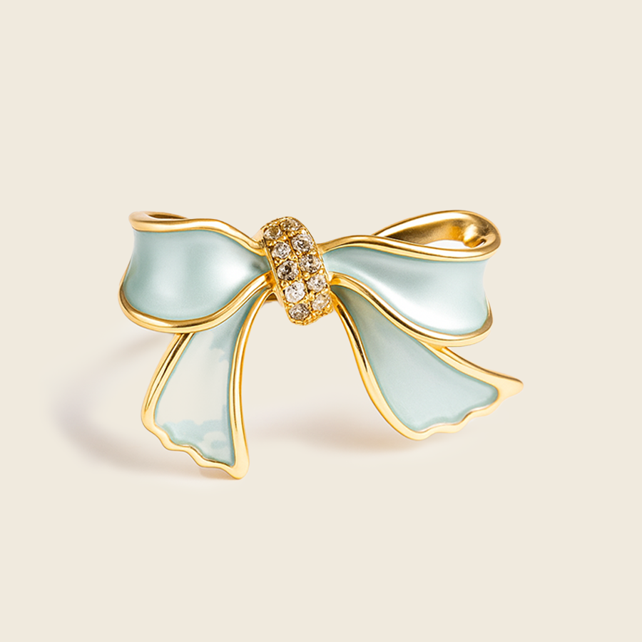 Mint Green & Gold Bow Enamel Brooch with Crystal Center