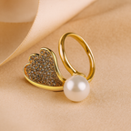 18K Gold-Plated Heart & Pearl Adjustable Ring – Anti-Tarnish, Waterproof