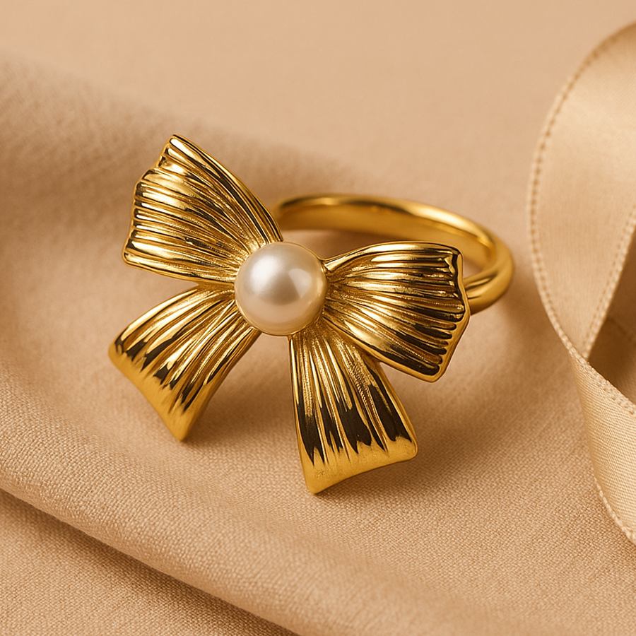 Aanura Gold-Plated Bow Ring with Lustrous Pearl