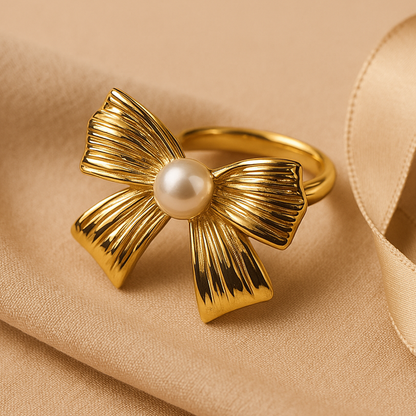 Aanura Gold-Plated Bow Ring with Lustrous Pearl