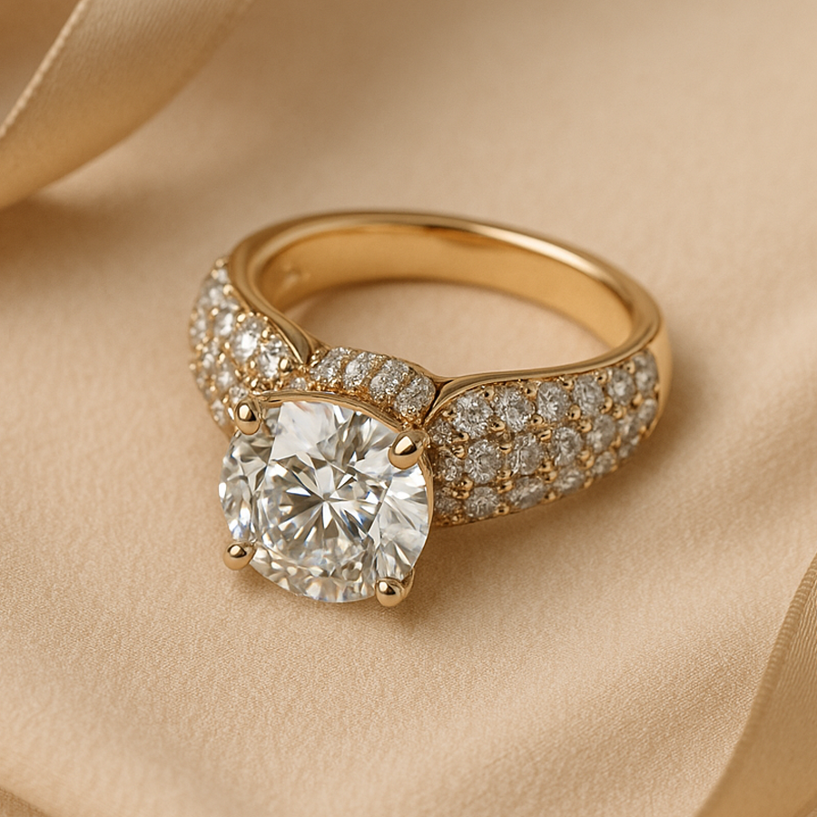 Gold-Plated Pave Band Ring with Brilliant Round Solitaire