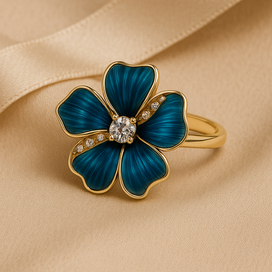 Aanura Gold-Plated Blue Enamel Flower Ring