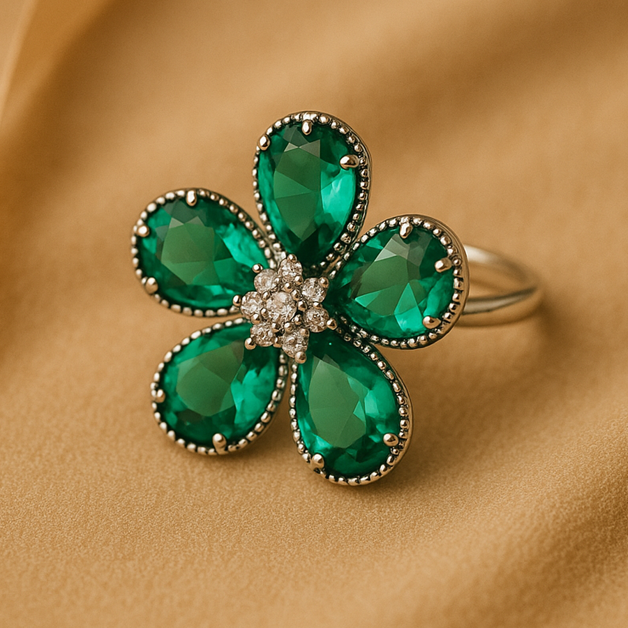 Aanura Silver-Tone Emerald Green Flower Statement Ring