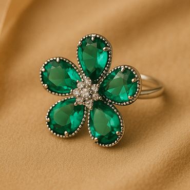 Aanura Silver-Tone Emerald Green Flower Statement Ring