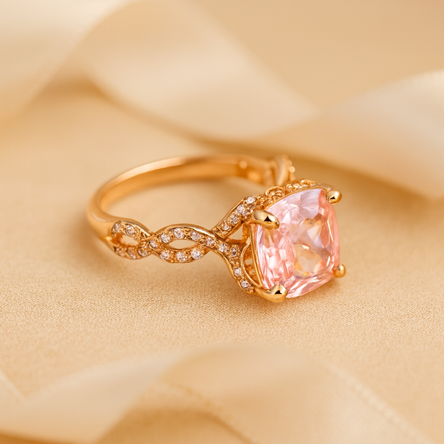 Aanura Pink Cushion Cut Gold Ring – Elegant Infinity Design