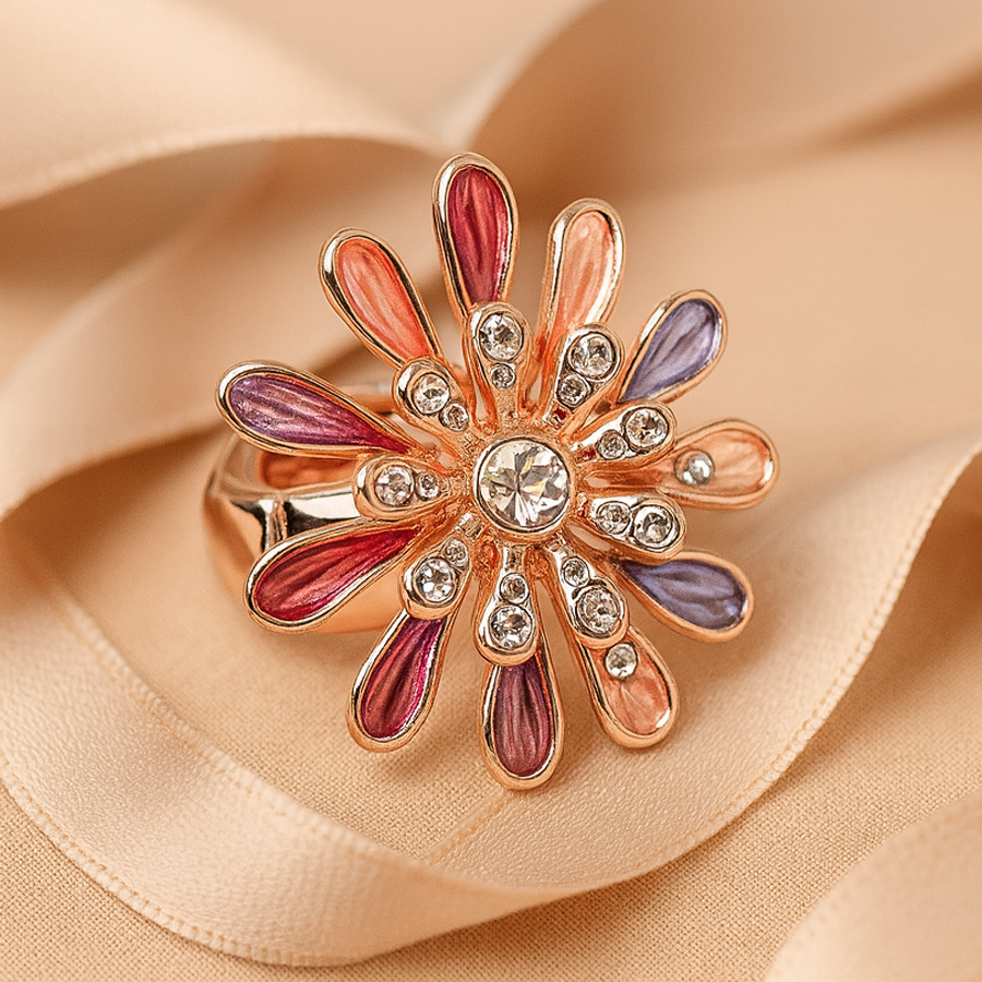 Aanura Rose Gold Multicolor Floral Crystal Statement Ring