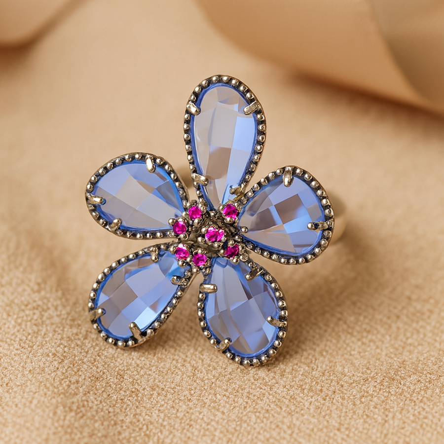 Aanura Silver-Tone Emerald Green Flower Statement Ring