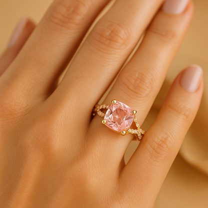 Aanura Pink Cushion Cut Gold Ring – Elegant Infinity Design