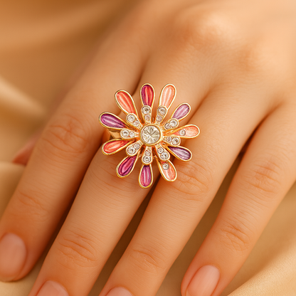 Aanura Rose Gold Multicolor Floral Crystal Statement Ring