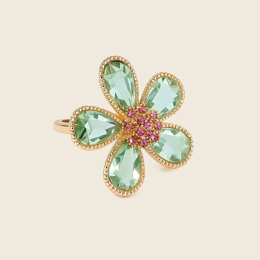 Aanura Silver-Tone Emerald Green Flower Statement Ring
