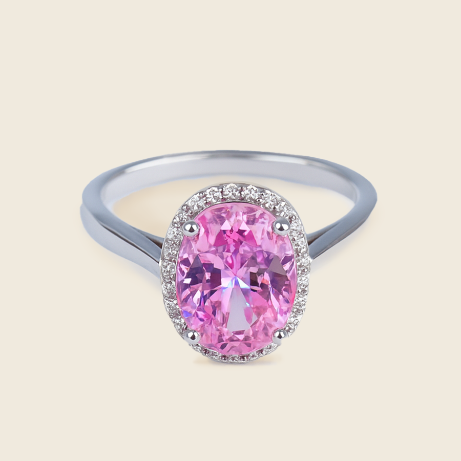 Aanura Oval Pink Halo Silver Ring – Elegant Statement Piece