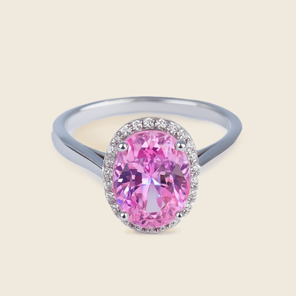 Aanura Oval Pink Halo Silver Ring – Elegant Statement Piece