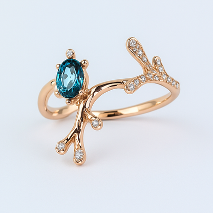 Aanura Blue Gemstone Branch Ring – Rose Gold Elegance