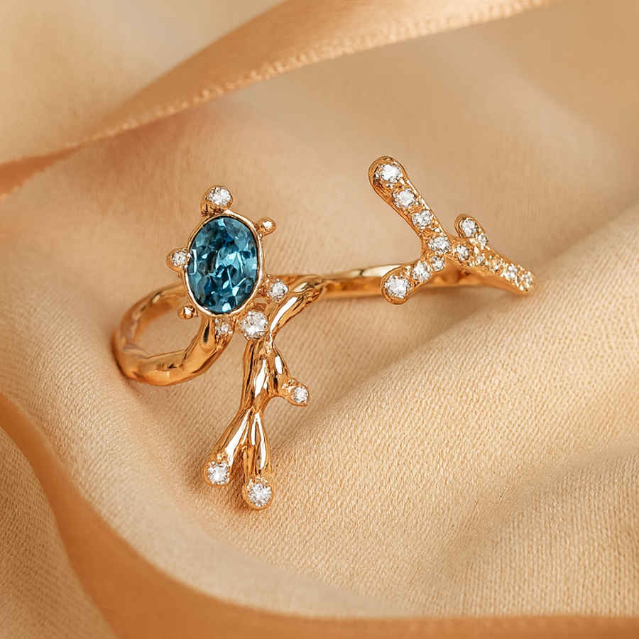 Aanura Blue Gemstone Branch Ring – Rose Gold Elegance
