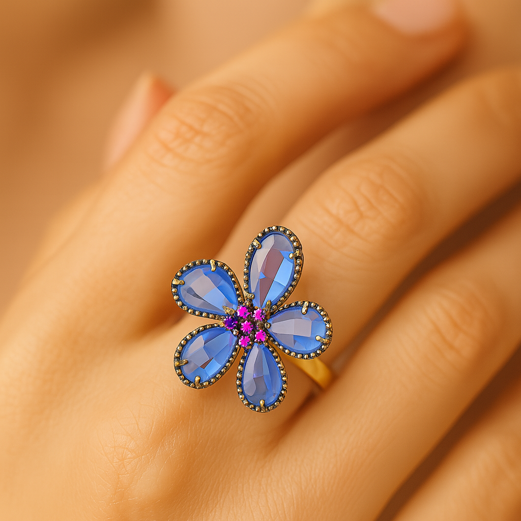 Aanura Silver-Tone Emerald Green Flower Statement Ring