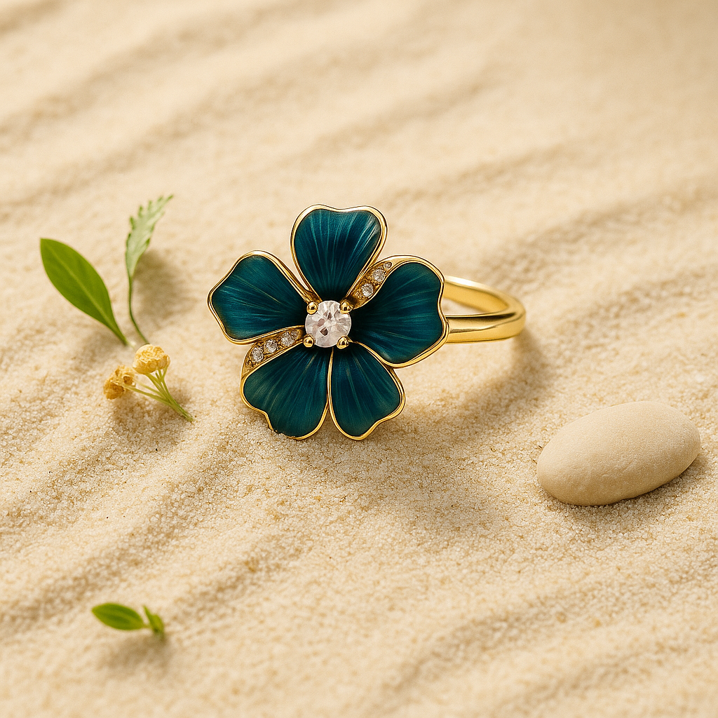 Aanura Gold-Plated Blue Enamel Flower Ring