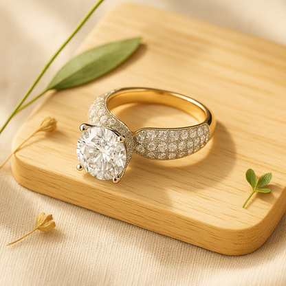 Gold-Plated Pave Band Ring with Brilliant Round Solitaire