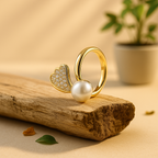 18K Gold-Plated Heart & Pearl Adjustable Ring – Anti-Tarnish, Waterproof