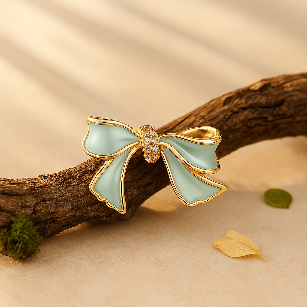 Mint Green & Gold Bow Enamel Brooch with Crystal Center