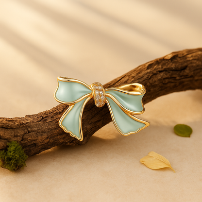 Mint Green & Gold Bow Enamel Brooch with Crystal Center