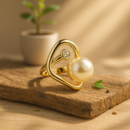 Aanura Gold-Plated Modern Pearl & Crystal Statement Ring