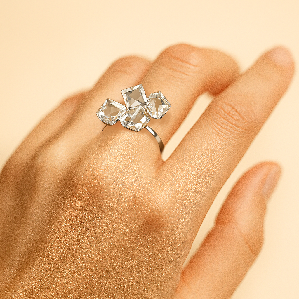 Aanura Crystal Cluster Statement Ring – Stainless Steel, Silver Plated